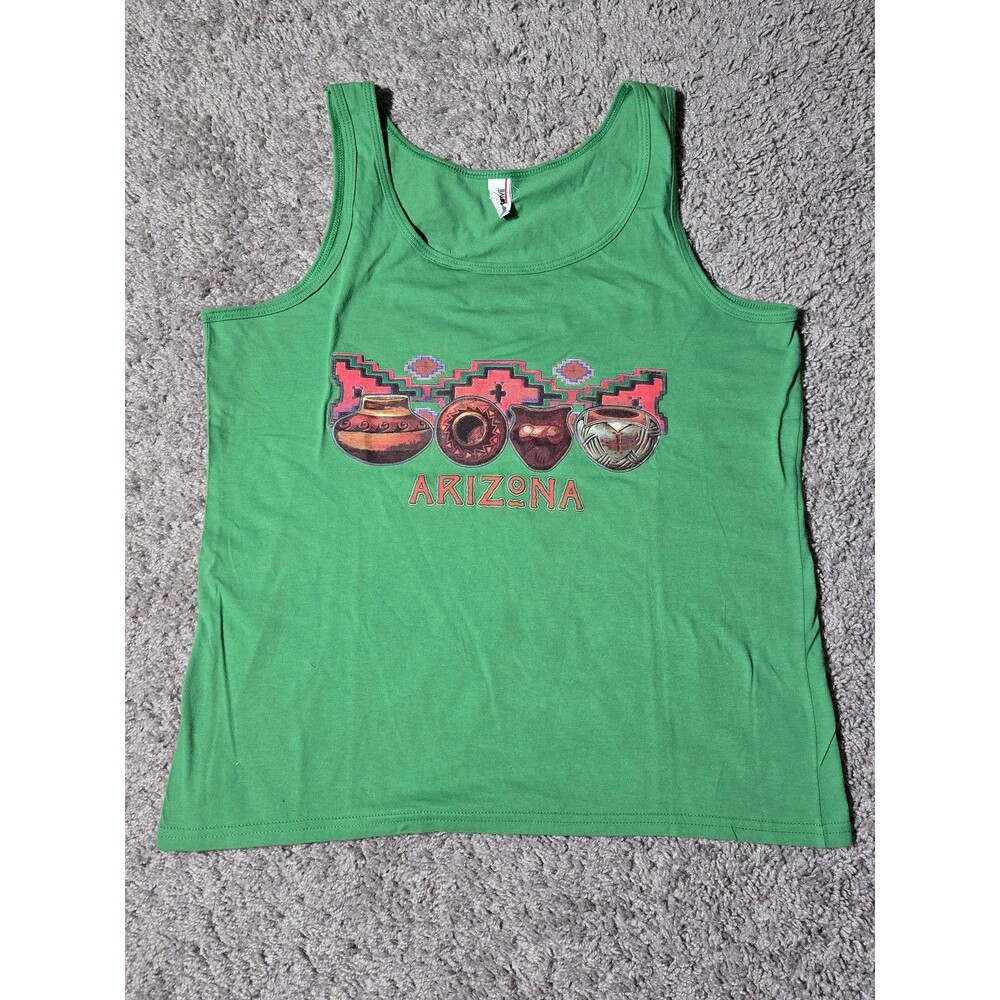 Vtg Anvil Arizona Tank Top Aztec Print Green 100% Cotton Adult Large Pottery